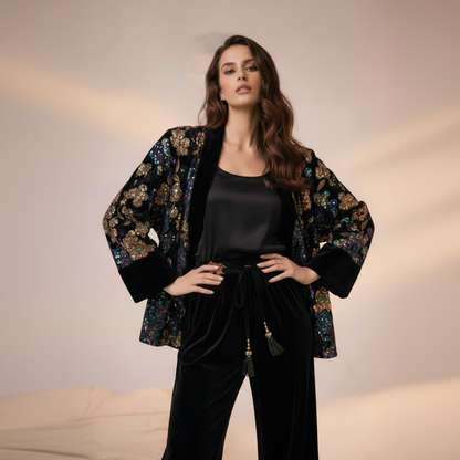 Velours Kimono Zwart met Pailletten en Borduursel
