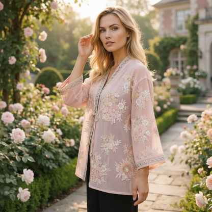 Kimono Blouse Blush met Meerkleurig Borduurwerk en Pailletten Garden Chic