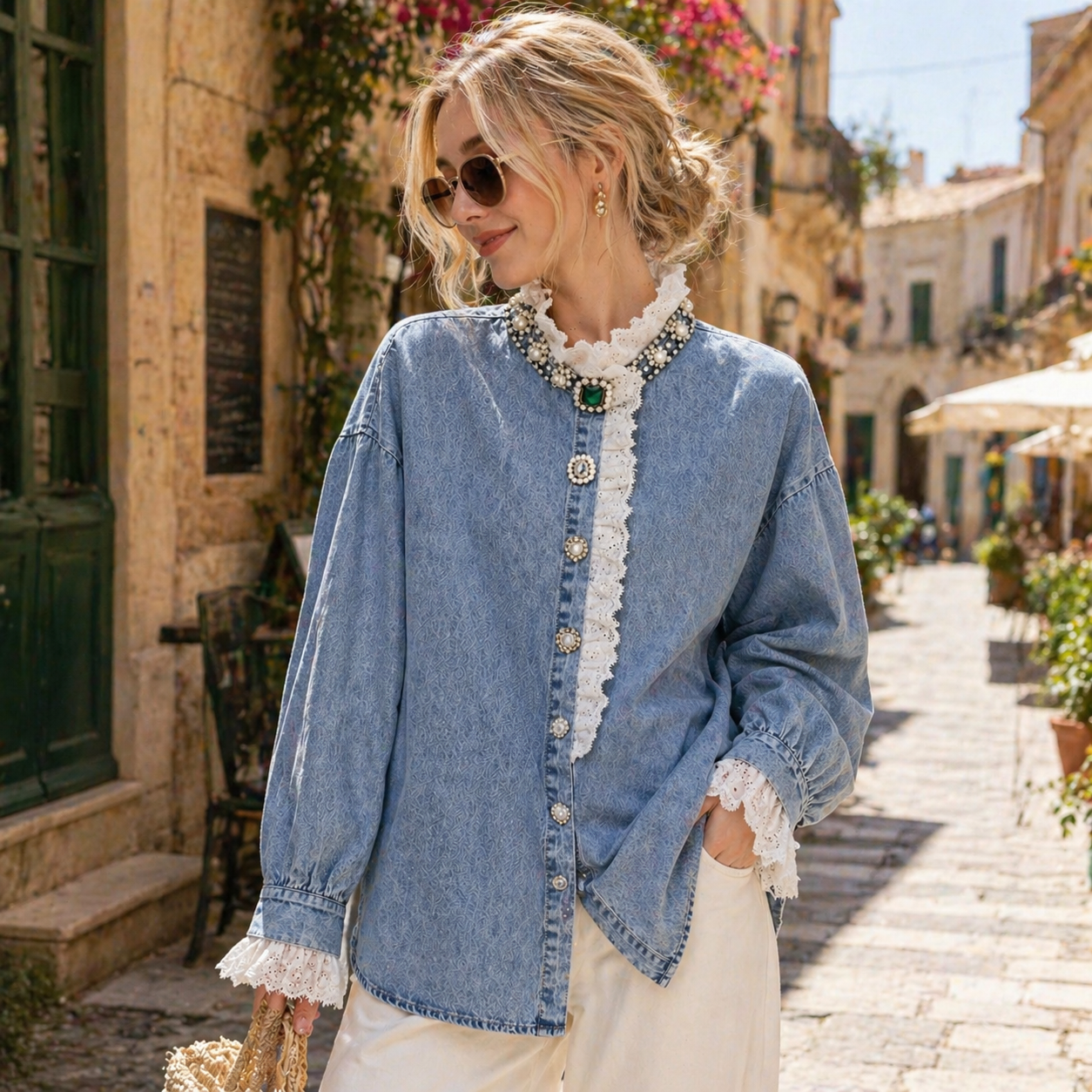 Denim Blouse met Kant Ruffles & Sierknopen