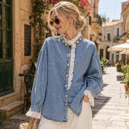Denim Blouse met Kant Ruffles & Sierknopen