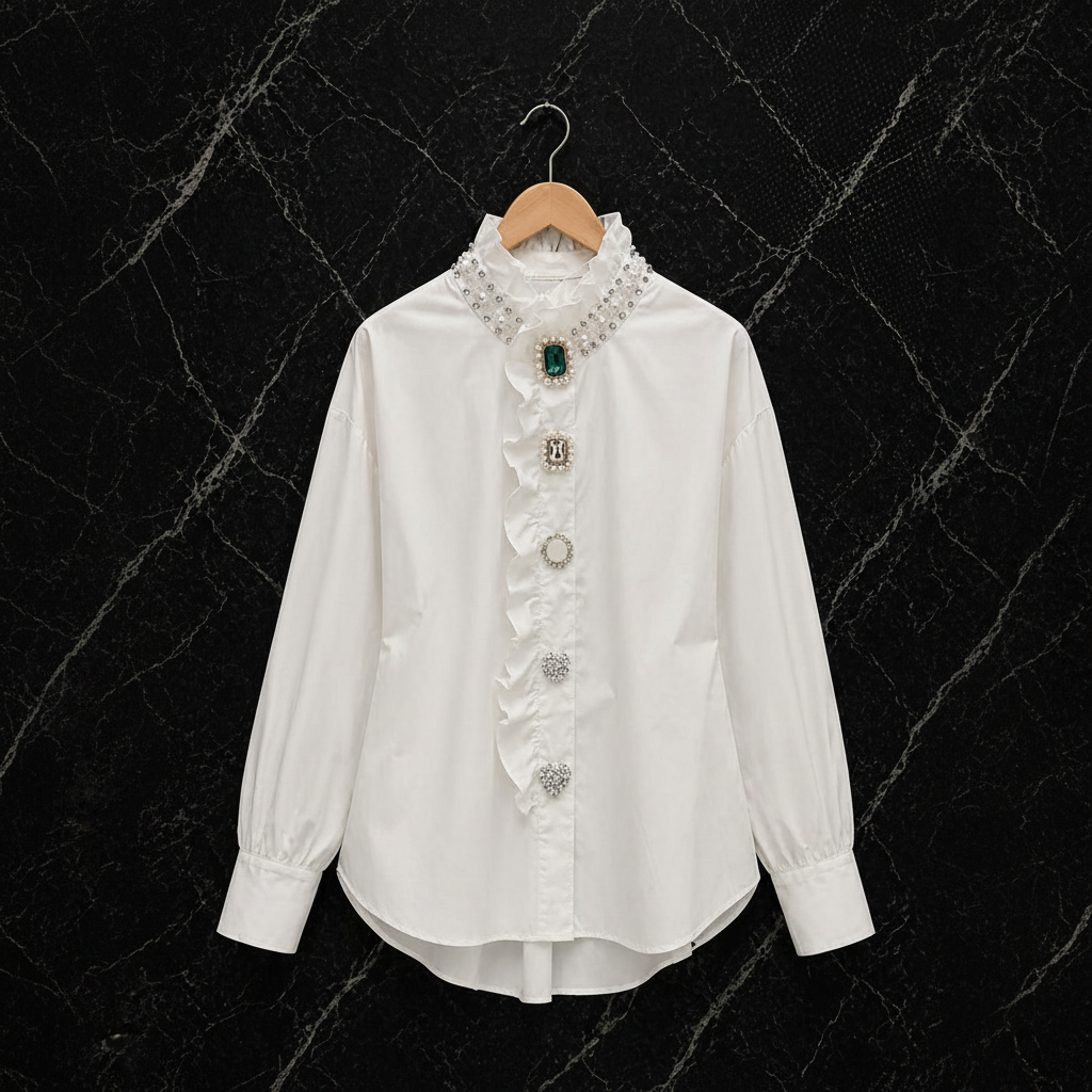 Élégance Royal Blouse met Parel Kraag, Ruffles & Statement Detail Knopen