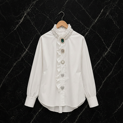Élégance Royal Blouse met Parel Kraag, Ruffles & Statement Detail Knopen
