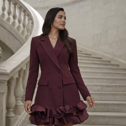 Double-Breasted Blazer Jurk met Satijn Ruffles – Bordeaux & Zwart/Off-White