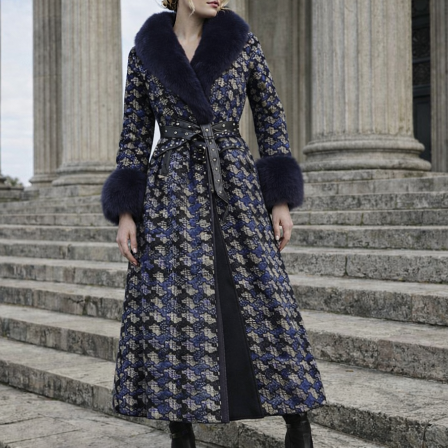 Luxe Lange Winterjas Dames met Zwarte Bontkraag en Stud Details