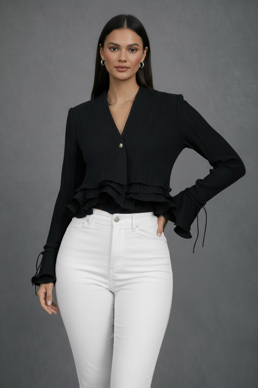 Cropped Plissé Jasje met Ruffle Details Wit of Zwart