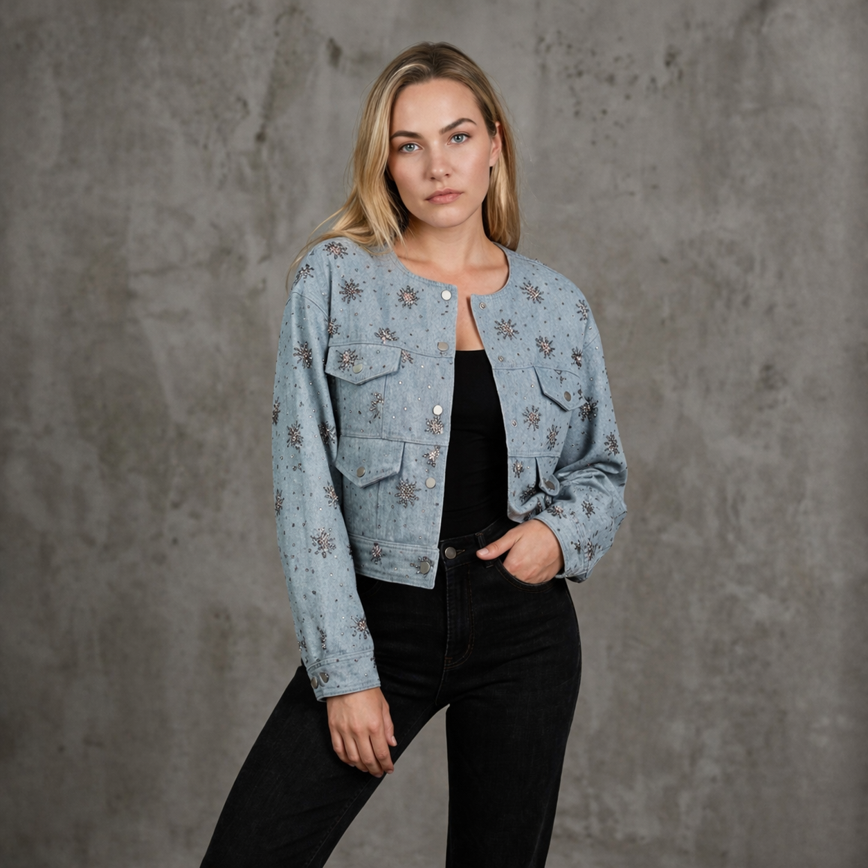Denimjacket — Spijkerjas met Subtiele Kralendetails en Drukknopen