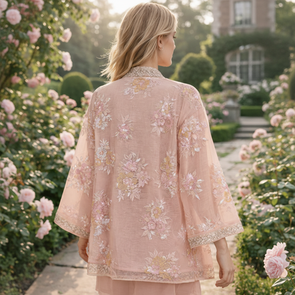 Kimono Blouse Blush met Meerkleurig Borduurwerk en Pailletten Garden Chic