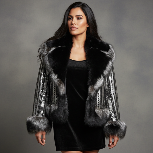 Metallic Mix Bontjas met Borduursels, Pailletten en Faux Fur