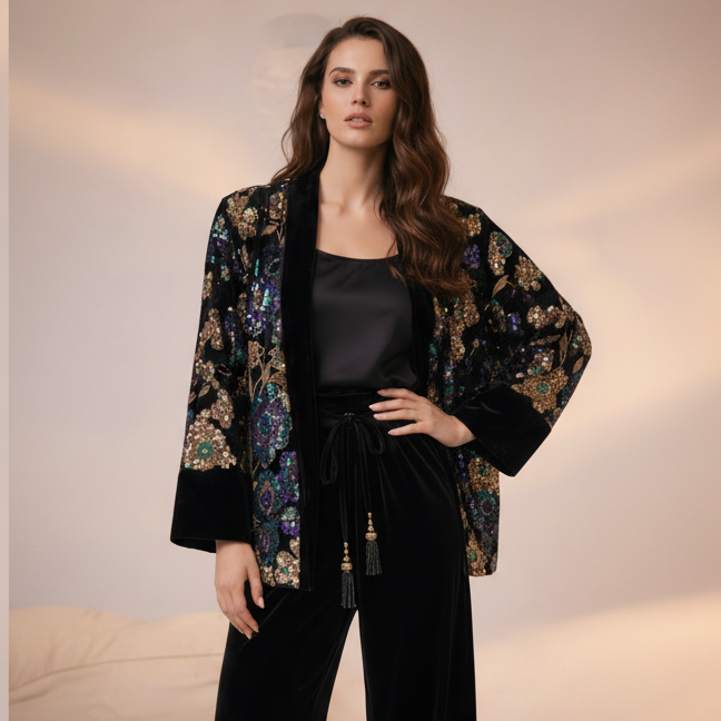 Velours Kimono Zwart met Pailletten en Borduursel