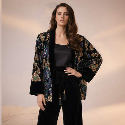 Velours Kimono Zwart met Pailletten en Borduursel