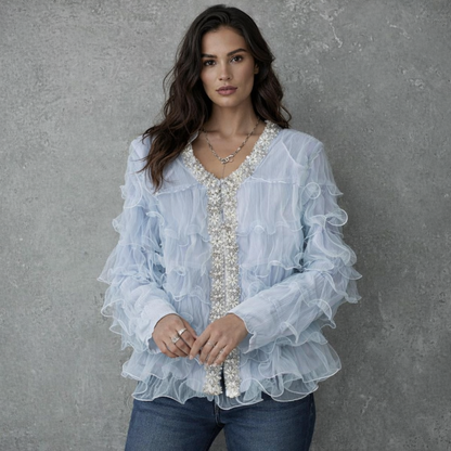 Lichtblauwe Ruffle Blouse met Parel- en Bloemapplicatie