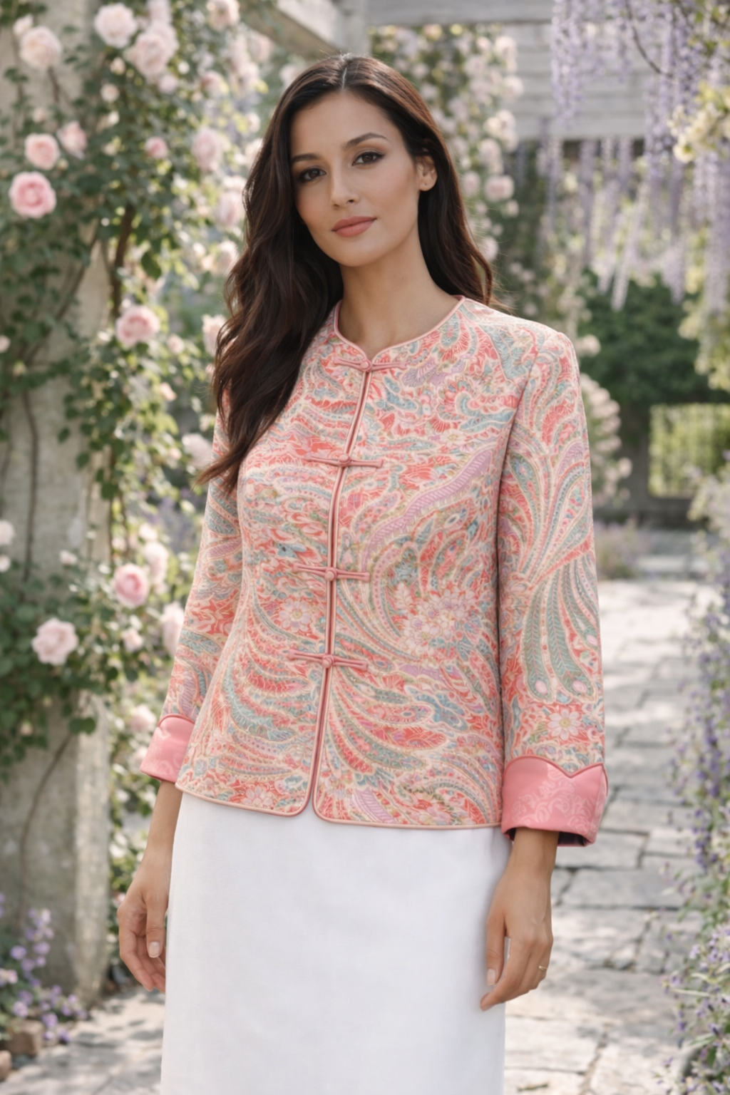 Elegante Jas van Satijn met Paisley-Pauw Dessin en Jacquardmanchet