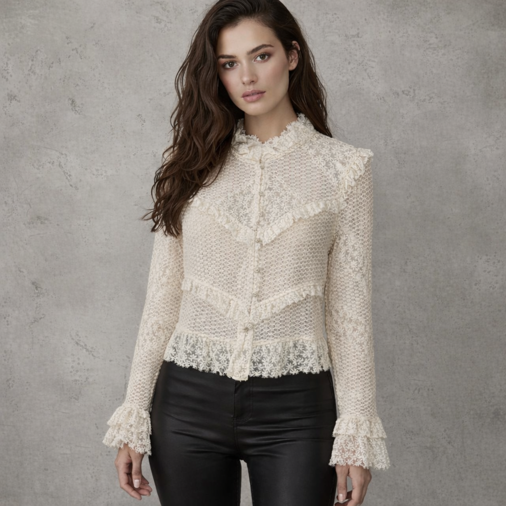 Lace Blouse Crème Kant met Ruches en Kantdetails Victorian Romance