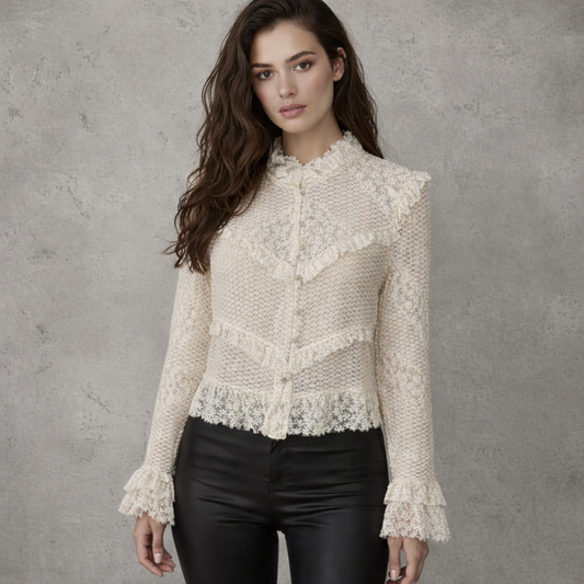 Lace Blouse Crème Kant met Ruches en Kantdetails Victorian Romance
