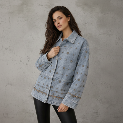 Denimjacket – Washed Spijkerjas met Zonnig Fijn Kralenborduurwerk