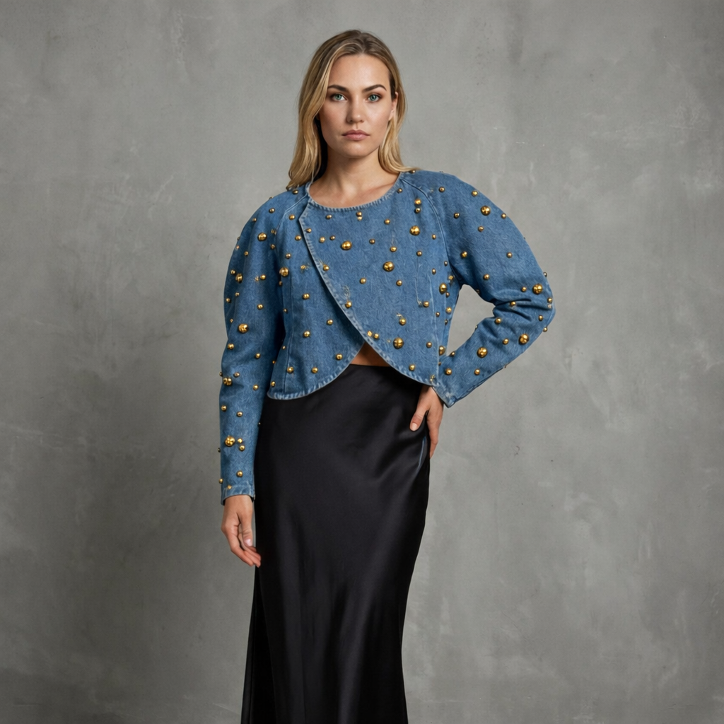 Denimjacket — Cropped Denim Blouse met Studdetails en Overlappende Voorzijde