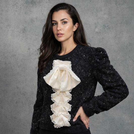 Black Sparkle Trui met Ruffles en Strik
