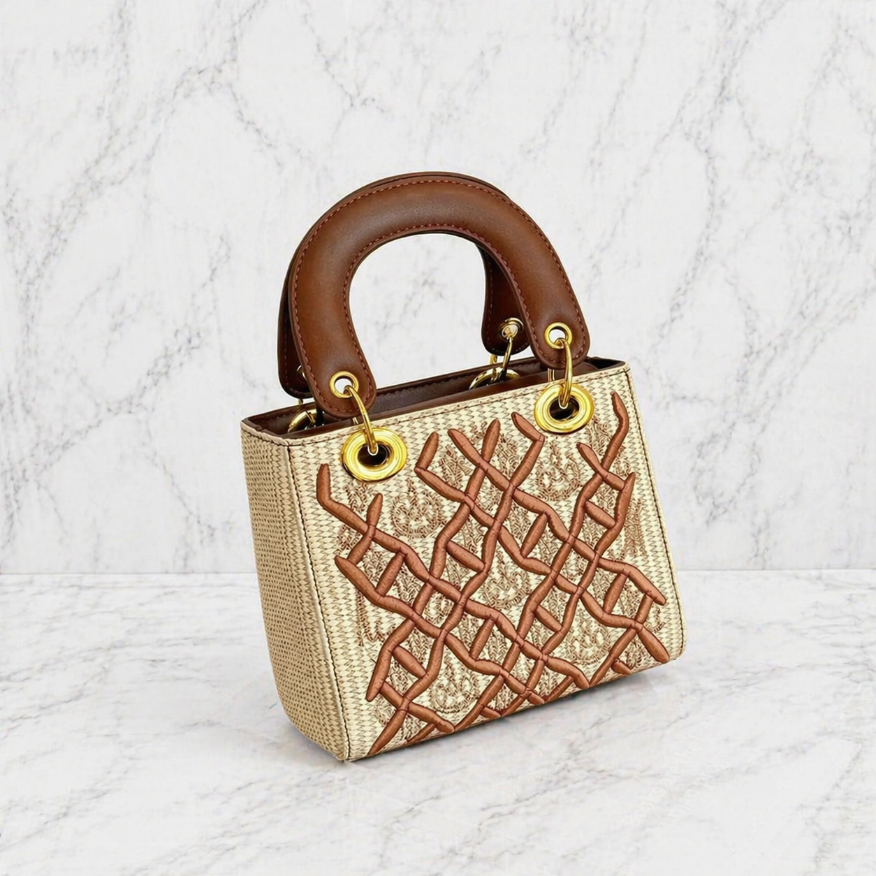 Geborduurde Handtas Mini Bag met Contrast Handvat