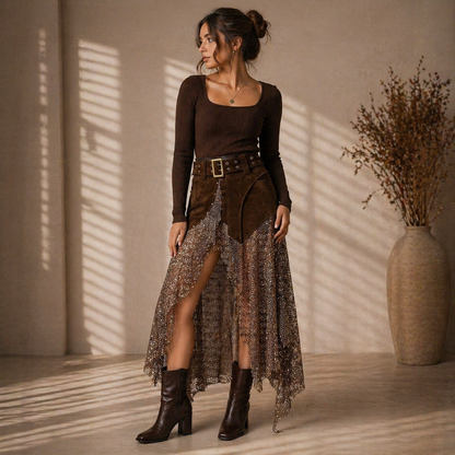 Rok Suède Look met Goudkleurige Details & Netstof Coastal Meets Western