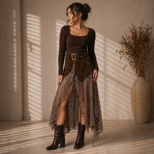 Rok Suède Look met Goudkleurige Details & Netstof Coastal Meets Western