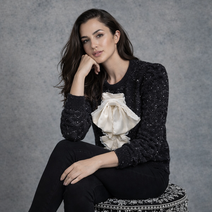 Black Sparkle Trui met Ruffles en Strik