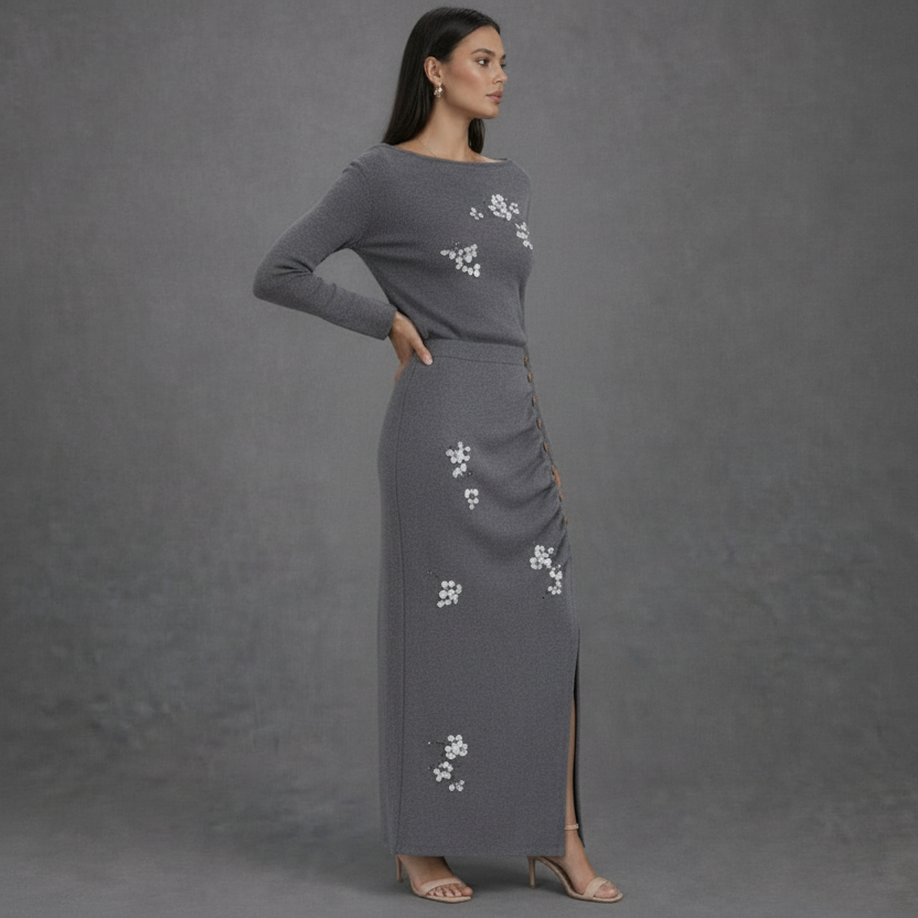 Premium Knit Co-ord Set met Florale Details en Knopen