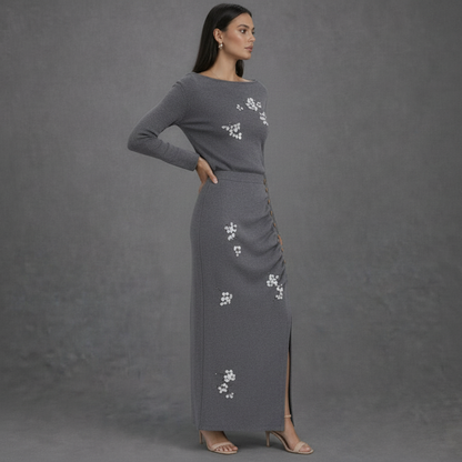 Premium Knit Co-ord Set met Florale Details en Knopen