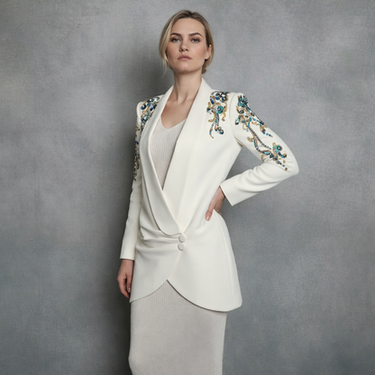 Rosé met Blauw/Groen/Zwart/Goud Details | Gebroken Witte Gedrapeerde Blazerjurk