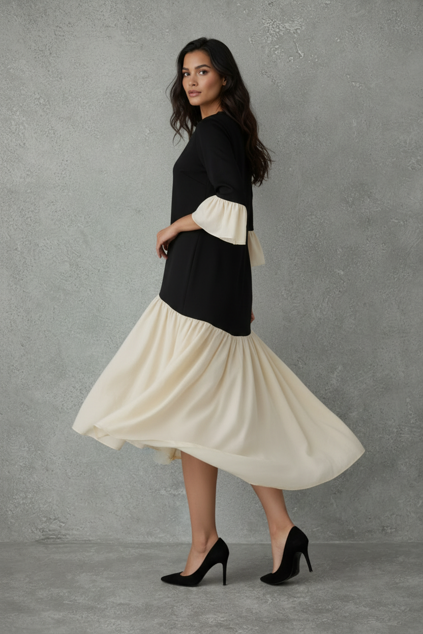 Asymmetrische Contrast Midi Jurk in Zwart en Crème