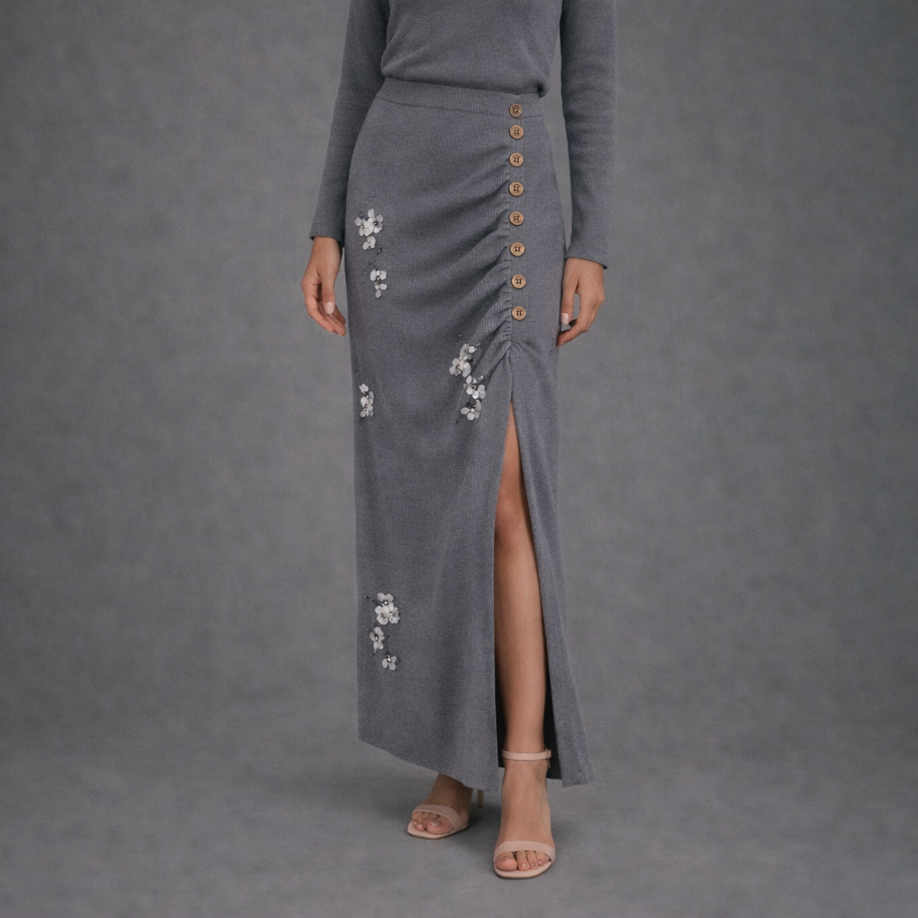 Premium Knit Co-ord Set met Florale Details en Knopen