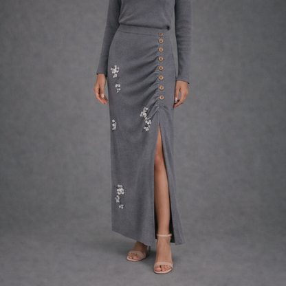 Premium Knit Co-ord Set met Florale Details en Knopen