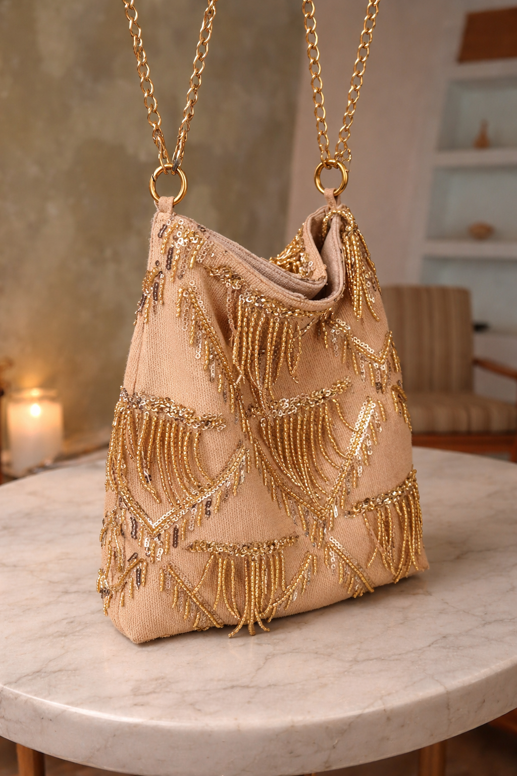 Tas met kralenfranjes en Pailletten met Gouden Ketting Schoudertas & Crossbody Glamour Avondtas