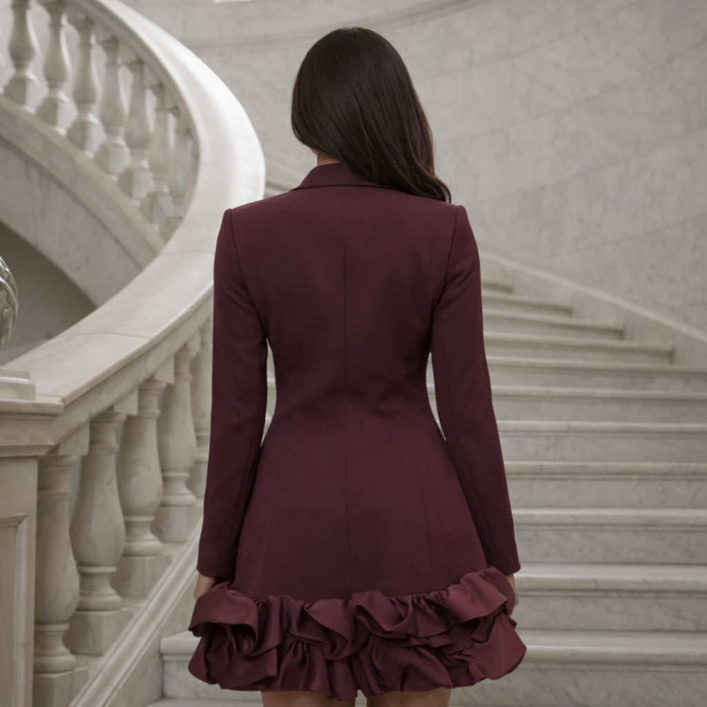Double-Breasted Blazer Jurk met Satijn Ruffles – Bordeaux & Zwart/Off-White