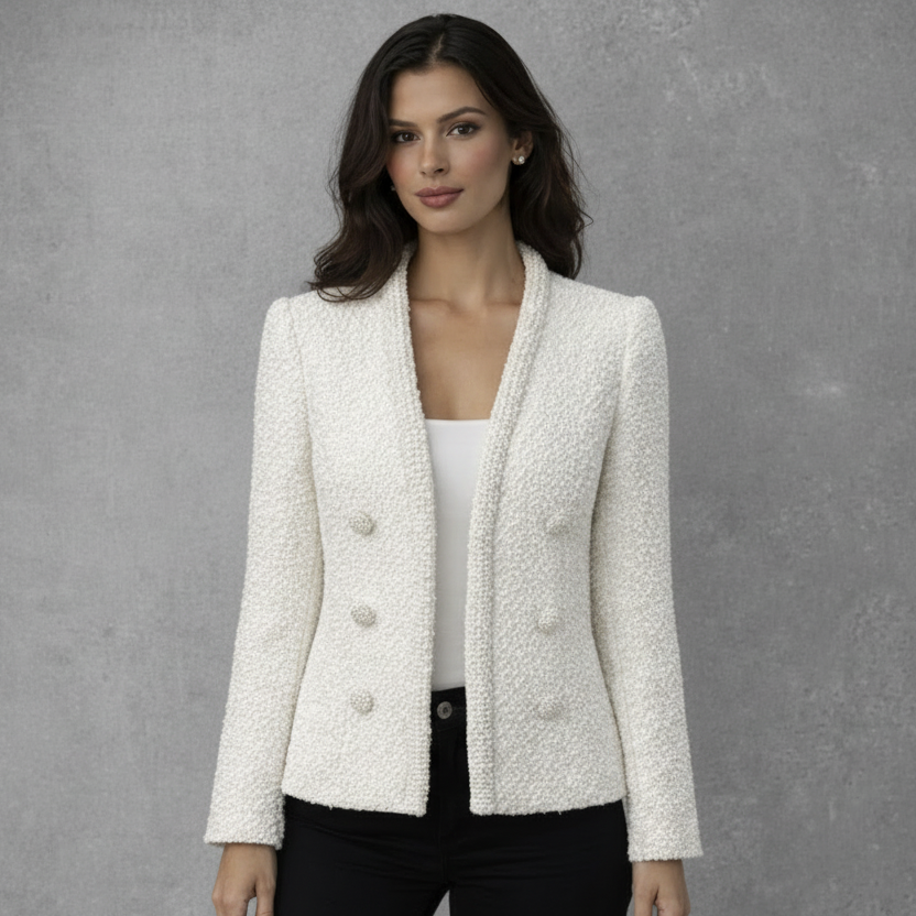 Elegant Bouclé Look Jasje in Off-White met Rijke Pareldetails