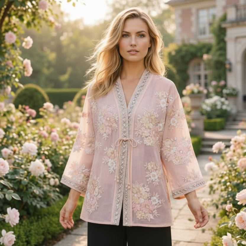 Kimono Blouse Blush met Meerkleurig Borduurwerk en Pailletten Garden Chic