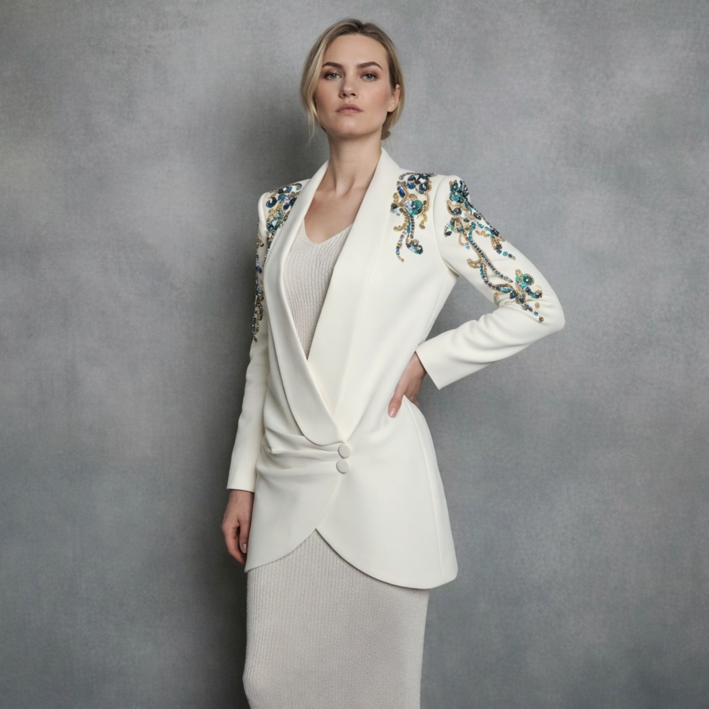 Rosé met Blauw/Groen/Zwart/Goud Details | Gebroken Witte Gedrapeerde Blazerjurk