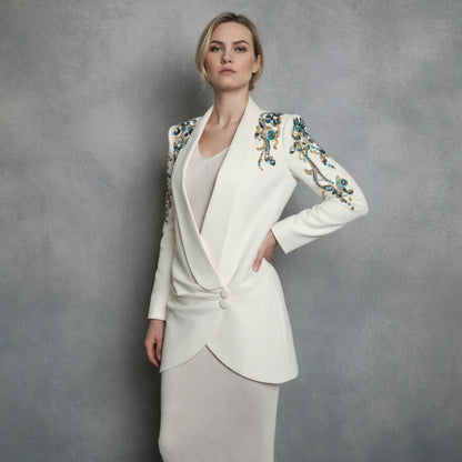 Rosé met Blauw/Groen/Zwart/Goud Details | Gebroken Witte Gedrapeerde Blazerjurk