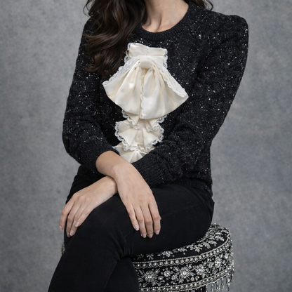 Black Sparkle Trui met Ruffles en Strik