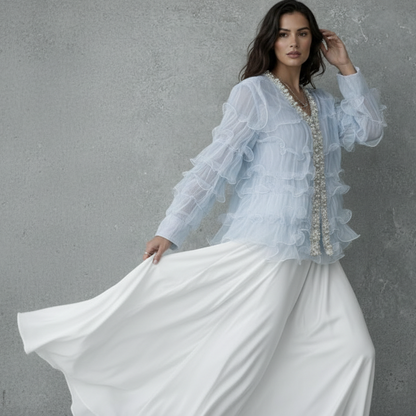 Lichtblauwe Ruffle Blouse met Parel- en Bloemapplicatie