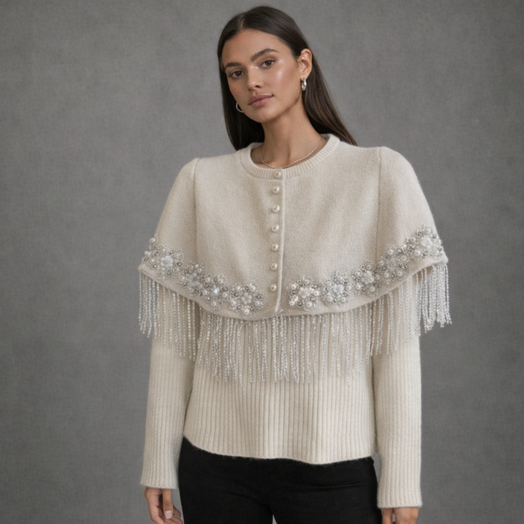 Klassieke Crème Cape met Parels en Kralenfranje