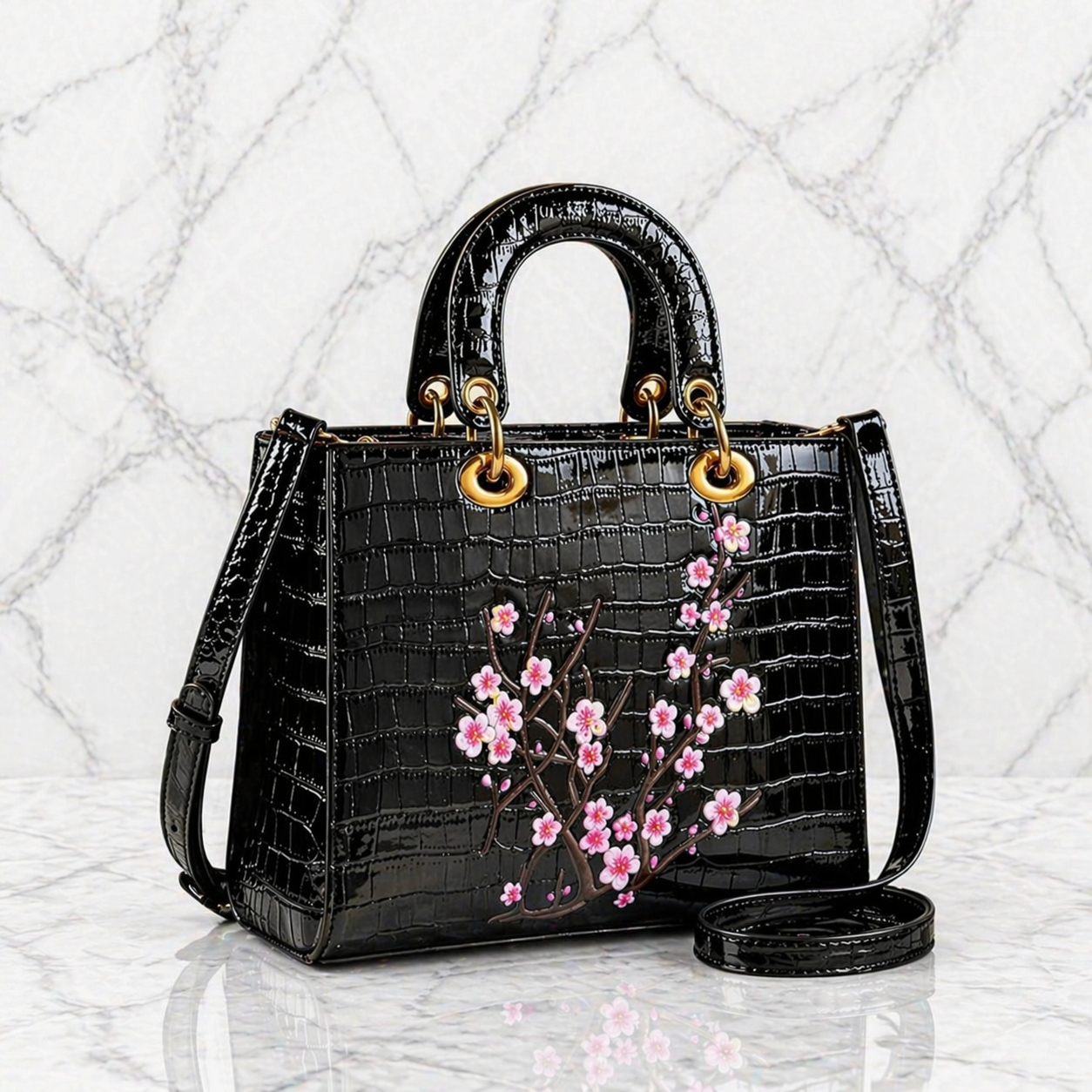Croco PU Leren Handtas met 3D Bloemen – 5 Designs