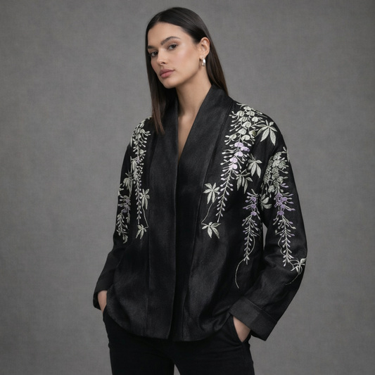 Zwart Jasje met Florale Borduursels