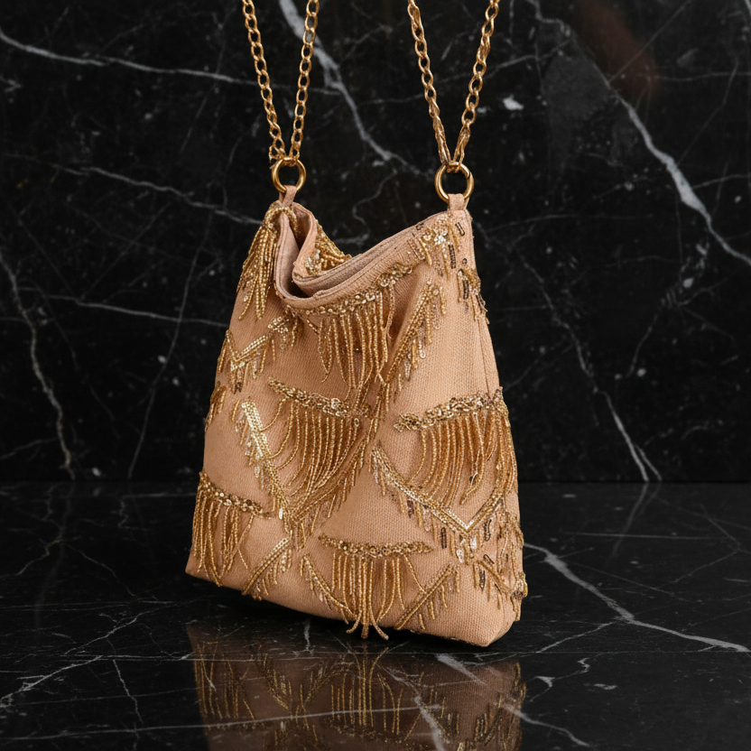 Tas met kralenfranjes en Pailletten met Gouden Ketting Schoudertas & Crossbody Glamour Avondtas