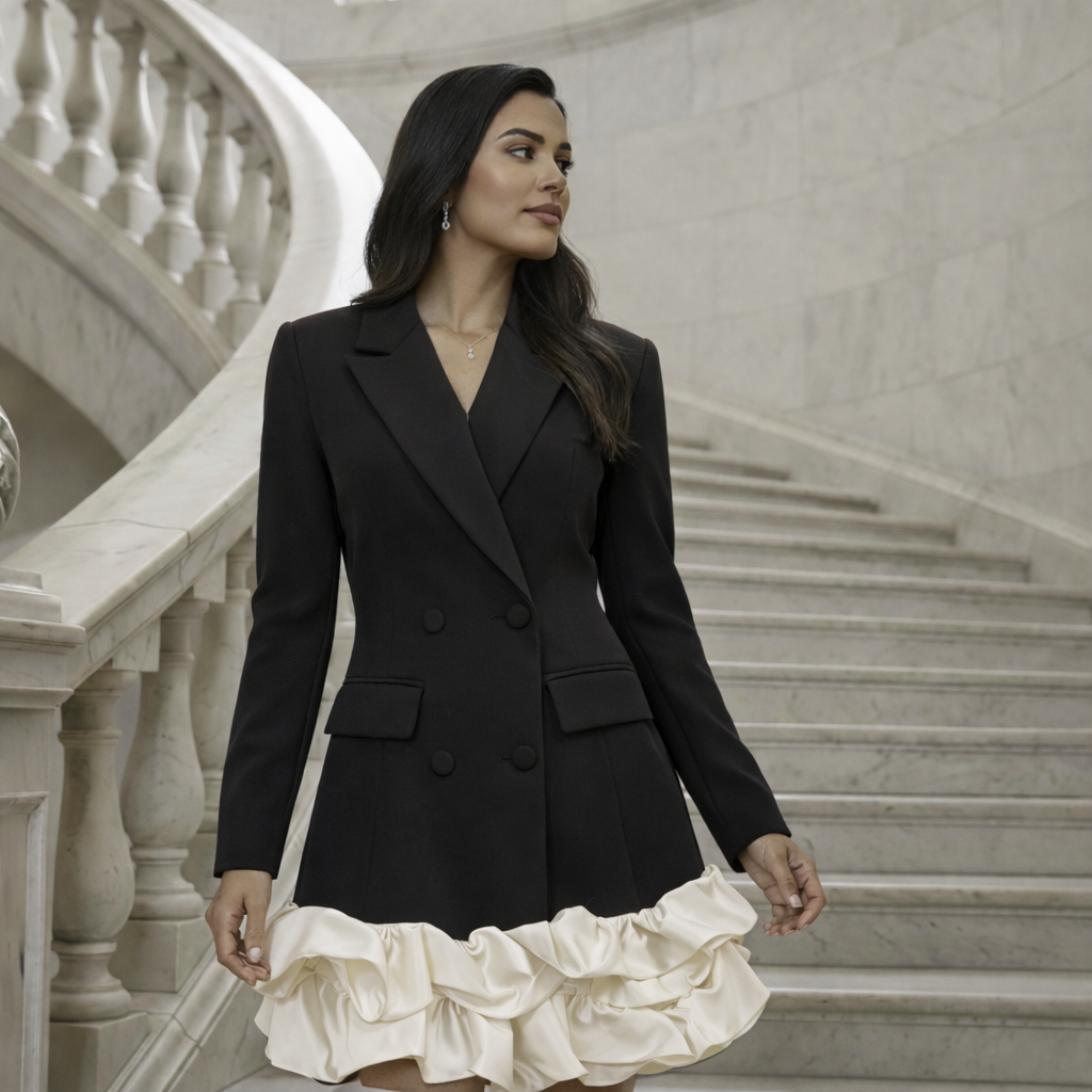 Double-Breasted Blazer Jurk met Satijn Ruffles – Bordeaux & Zwart/Off-White