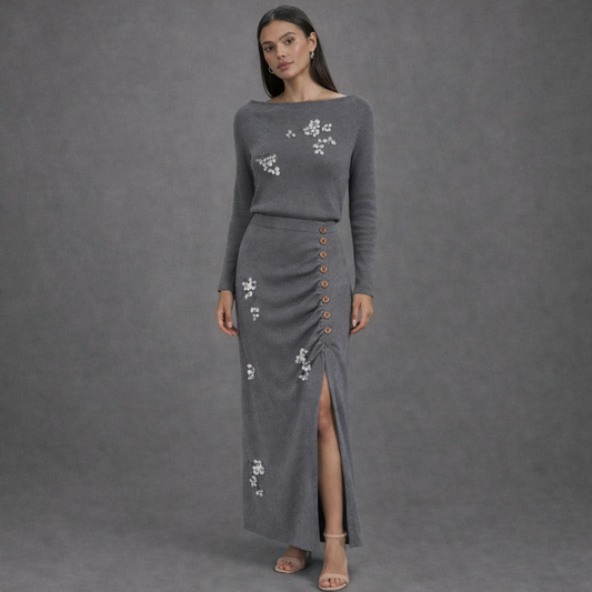 Premium Knit Co-ord Set met Florale Details en Knopen