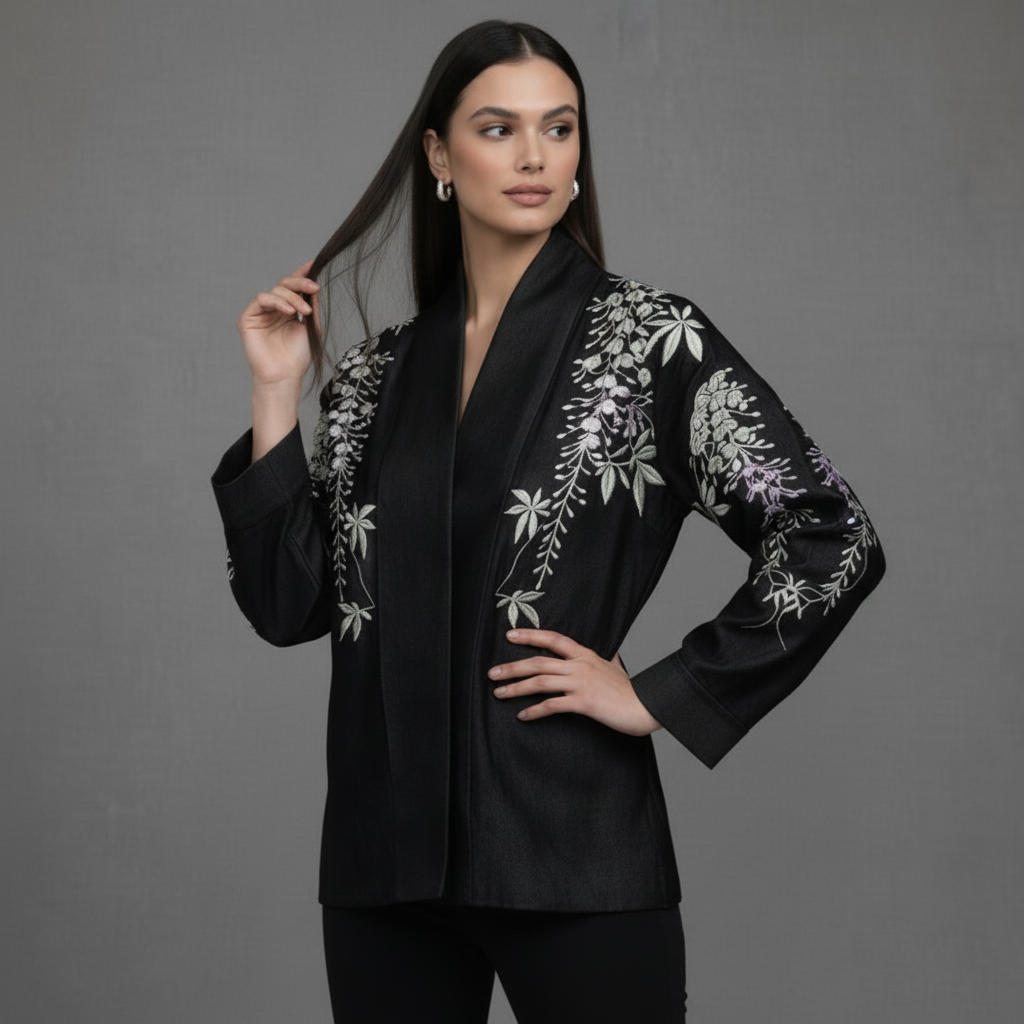 Zwart Jasje met Florale Borduursels