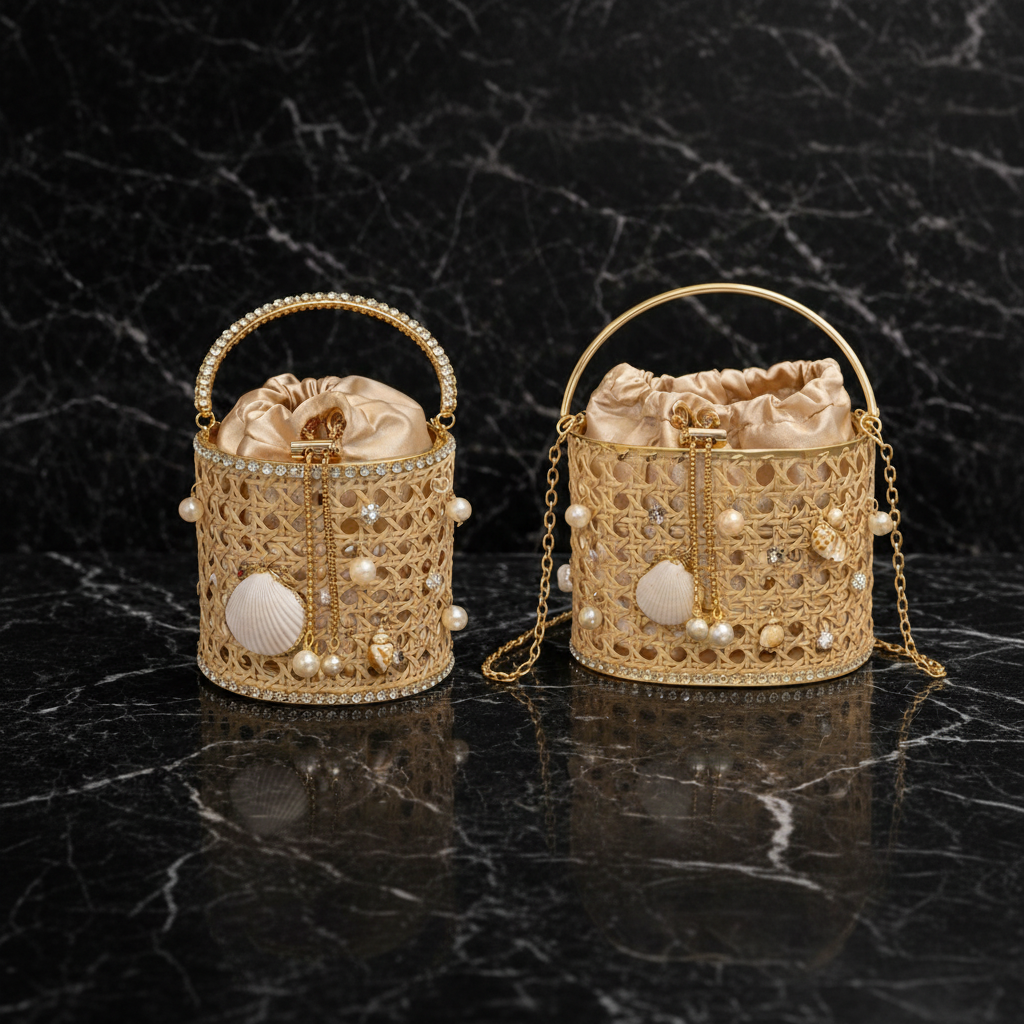Boho Mandje Tas met Schelp en Parel Details Zomertas Goud