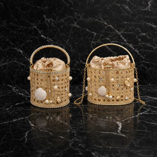 Boho Mandje Tas met Schelp en Parel Details Zomertas Goud