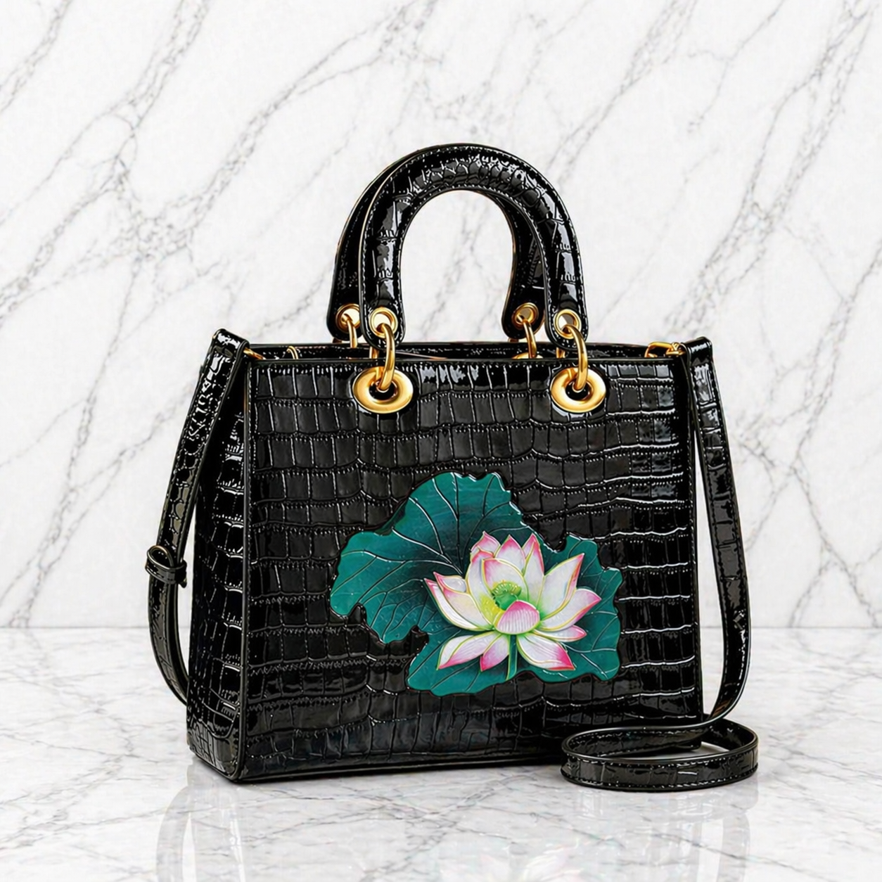 Croco PU Leren Handtas met 3D Bloemen – 5 Designs