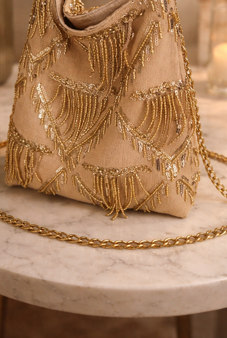 Tas met kralenfranjes en Pailletten met Gouden Ketting Schoudertas & Crossbody Glamour Avondtas
